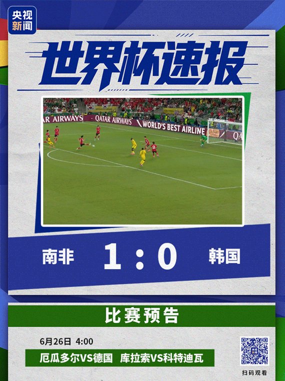 韩国0-1南非，遭遇2连败，能否出线需看其他组“脸色”！墨西哥3场全胜且1球未失，与南非携手晋级